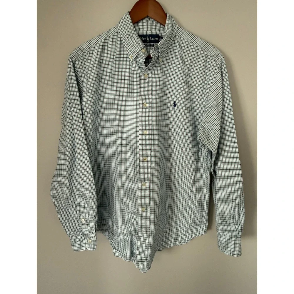 Polo Ralph Lauren Classic Fit Check Button Down Shirt Mens Large Teal Navy Blue - Picture 2 of 9